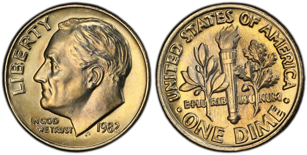 1982 Roosevelt dime obverse showing the No P error with missing mint mark above the date