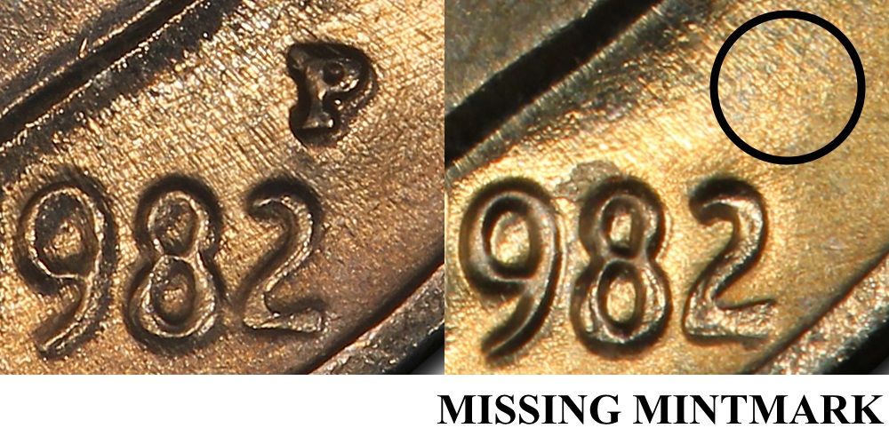 Side-by-side comparison of standard 1982-P dime with mint mark versus 1982 No P Strong variety with missing mint mark and visible gap between date and rim