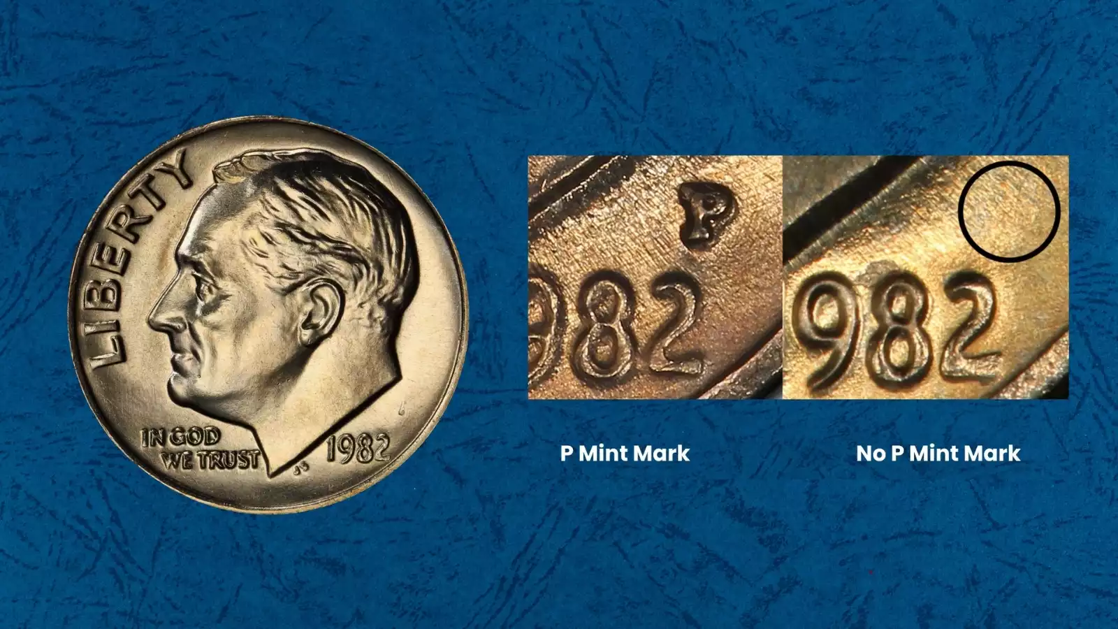 Close-up of 1982 No P Strong dime obverse showing blank mint mark area and clear gap between date 2 and rim