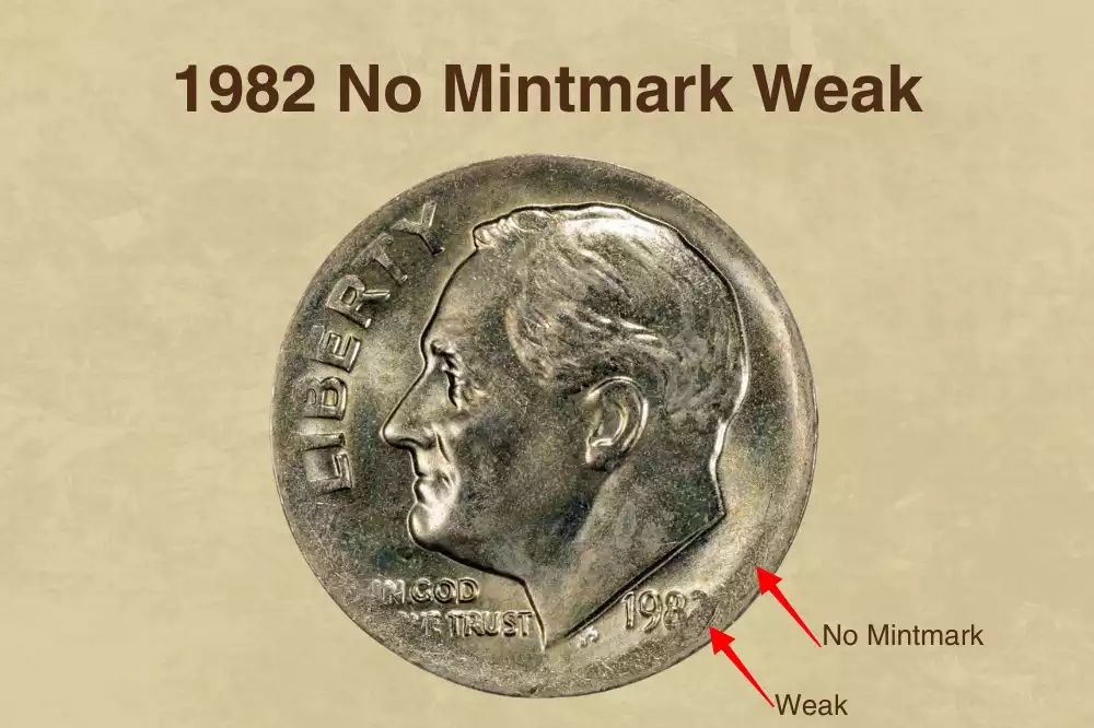 Close-up of 1982 No P Weak dime obverse showing soft mushy date with 2 close to rim and flattened outer design details