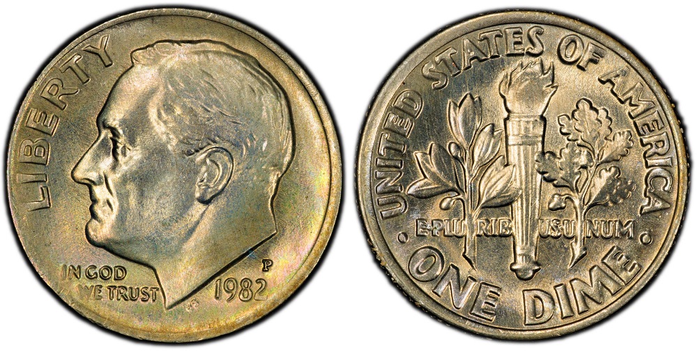 Reverse close-up of a 1982-P Roosevelt dime in gem condition showing fully separated torch bands qualifying for Full Bands designation