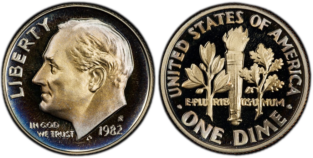 1982-S Roosevelt proof dime showing Deep Cameo contrast with mirror-like fields and frosted portrait devices