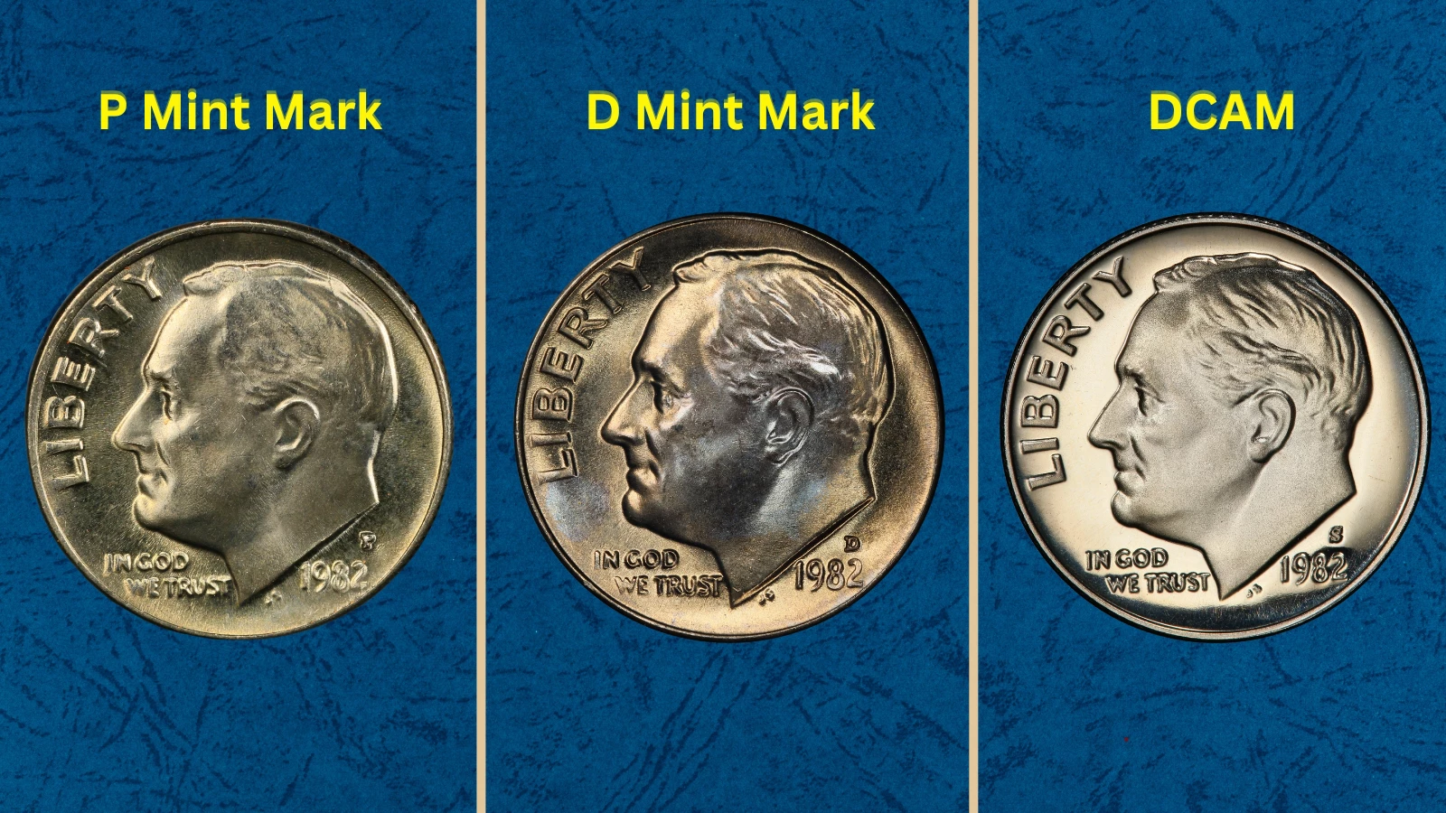 Group of 1982 Roosevelt dimes showing diverse mint marks including P, D, and No P error specimens arranged for comparison