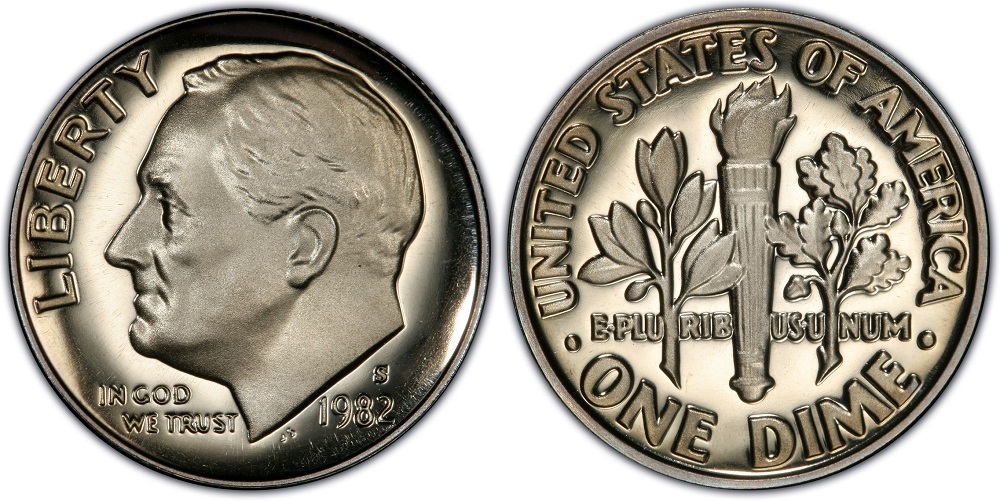 Grading strip showing four 1982 Roosevelt dimes in progressive condition from Good worn to Mint State uncirculated